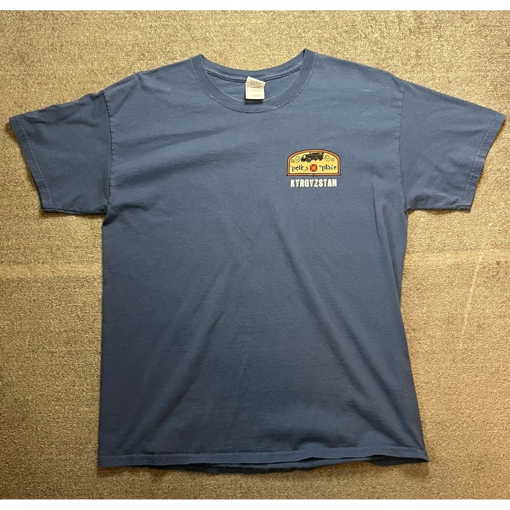 Gildan Ultra Cotton Pete's Place Kyrgyzstan Blue Graphic T-Shirt Mens L Y2K